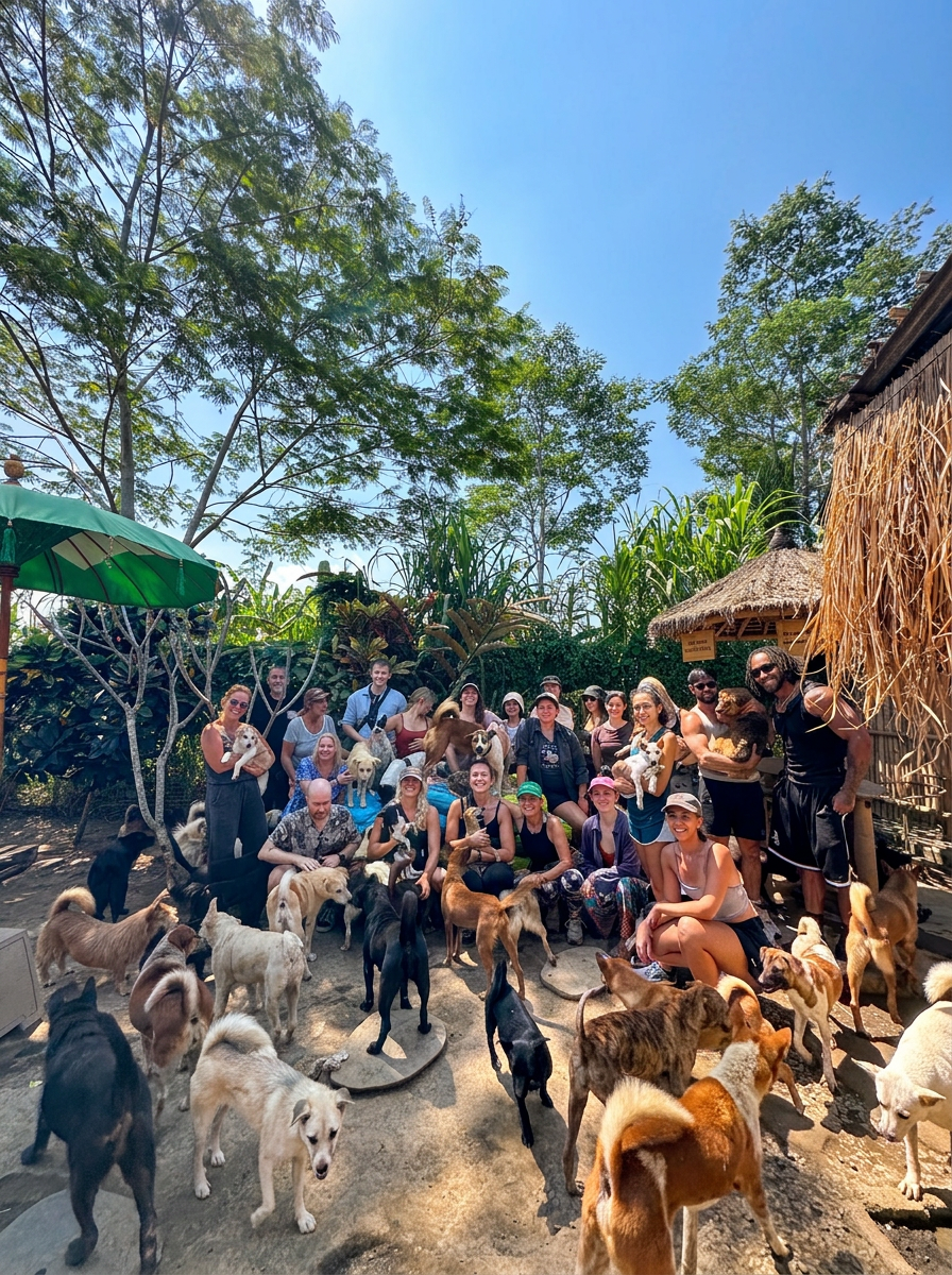 Visitors and dogs gathered at the GAIA sanctuary in Bali