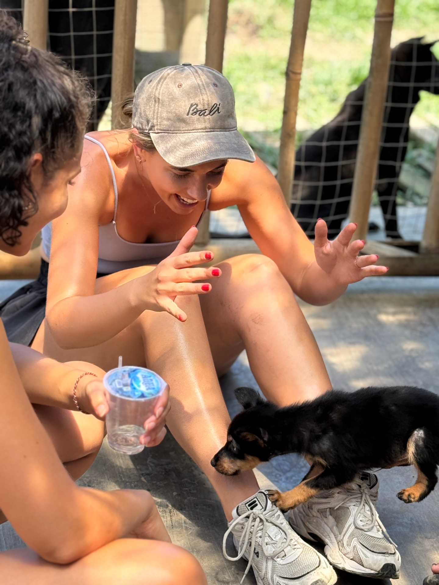 Two visitors playing with a small black and tan puppy