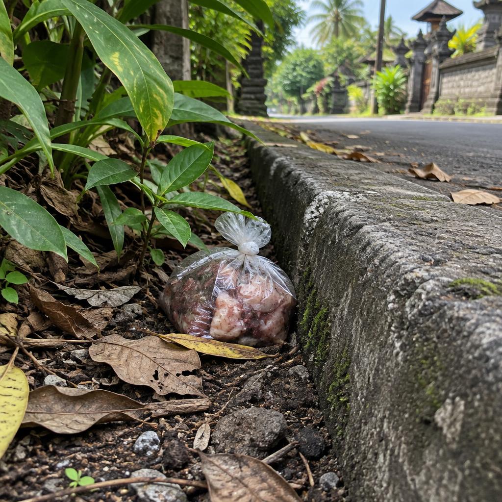 A knotted plastic bag of laced meat bait left on a Bali street curb