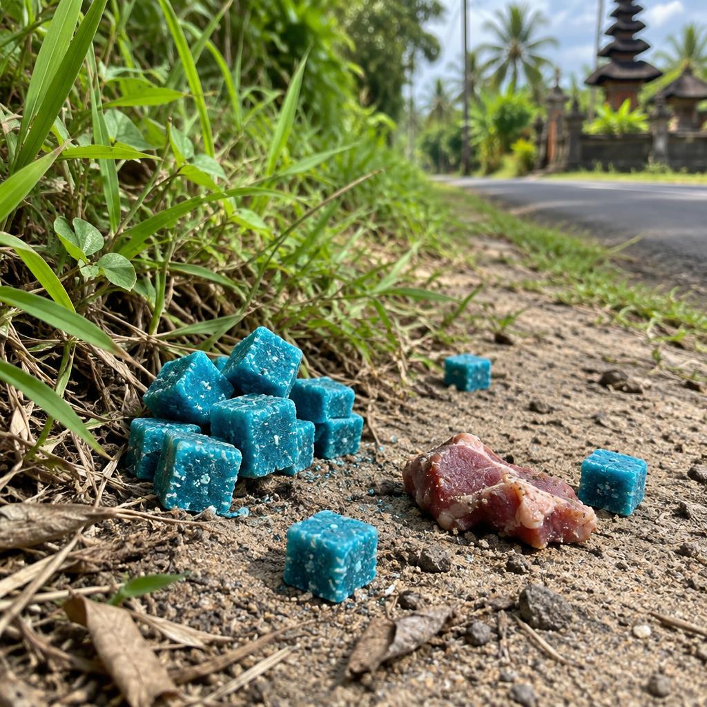 Bright blue rat-poison cubes and laced meat bait lying on a Bali roadside