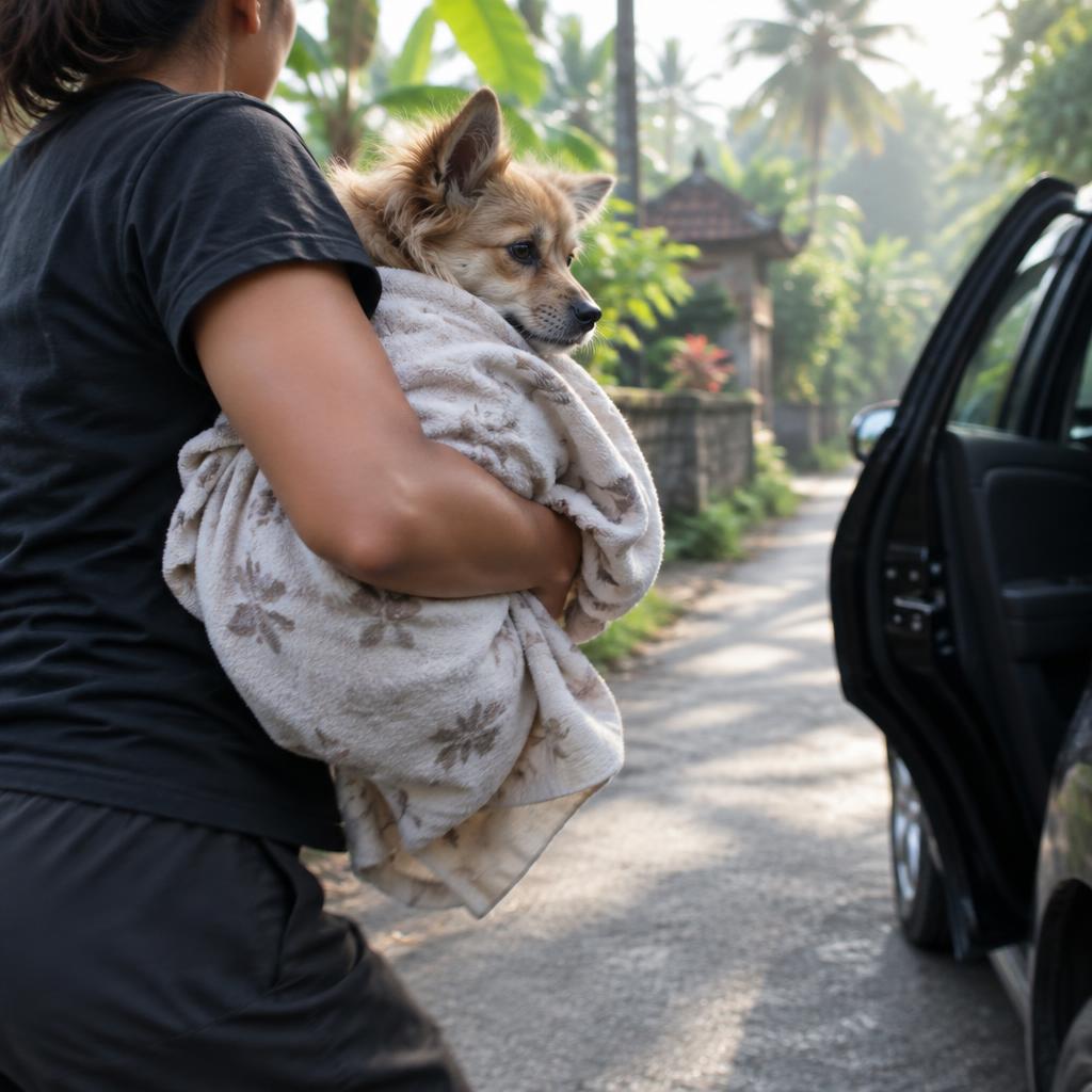 A person carrying a small Bali dog wrapped in a blanket, rushing to a car