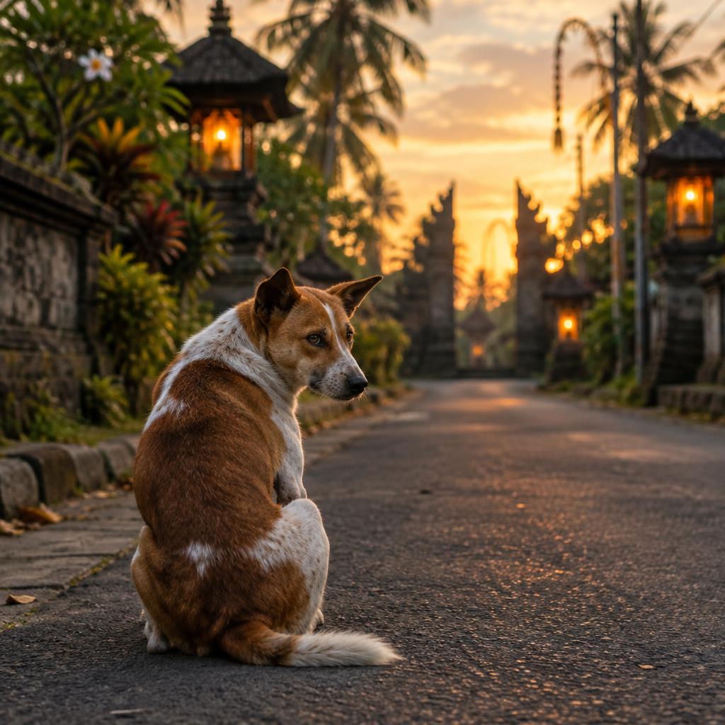 A wary brown-and-white Bali street dog sitting on a quiet road at dusk