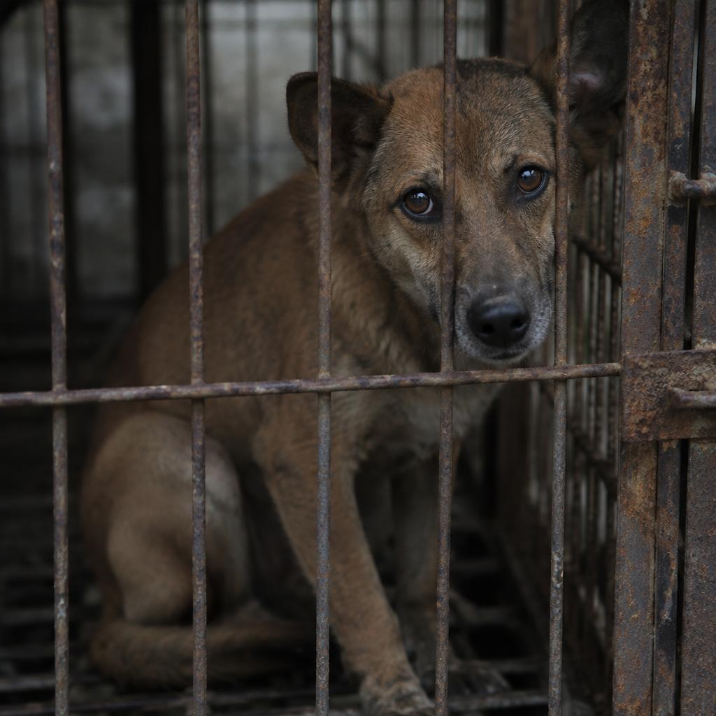 A sad brown Bali street dog confined inside a small rusted metal cage