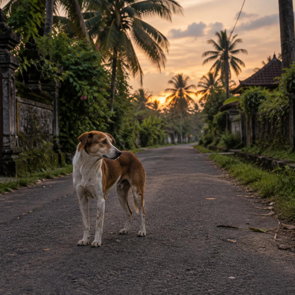 A lone brown-and-white Bali street dog looking lost on an empty village road at dusk