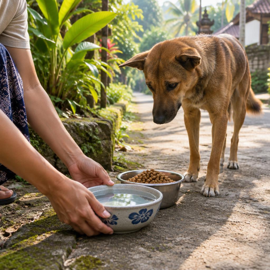 A person setting down a bowl of water and kibble for a brown Bali street dog in a village lane