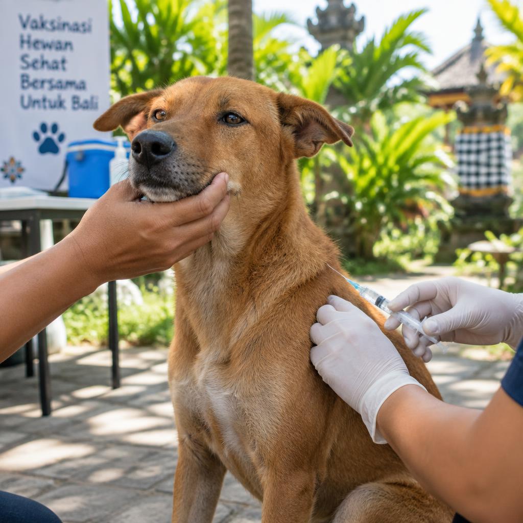 A brown Bali street dog being vaccinated at an outdoor clinic