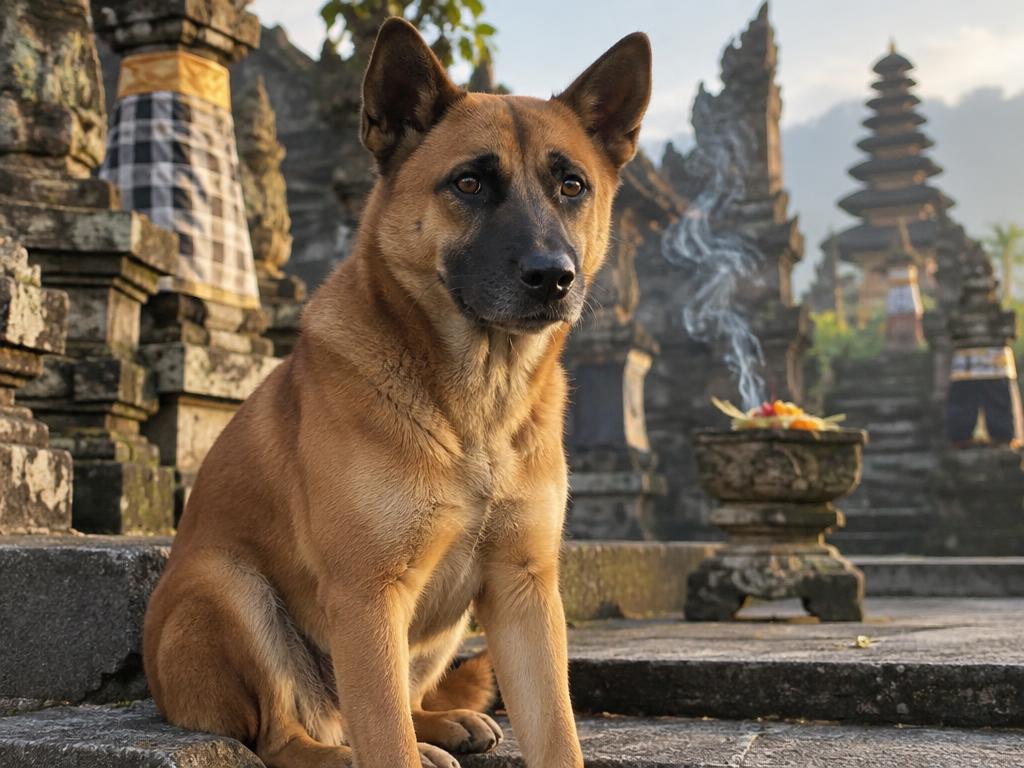 A red-furred Bali dog with a black muzzle sitting on temple steps