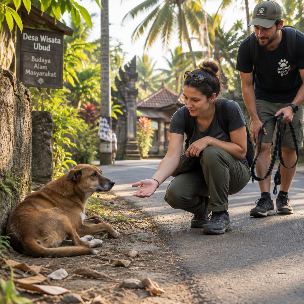 A brown Bali street dog on the roadside with rescuers approaching gently